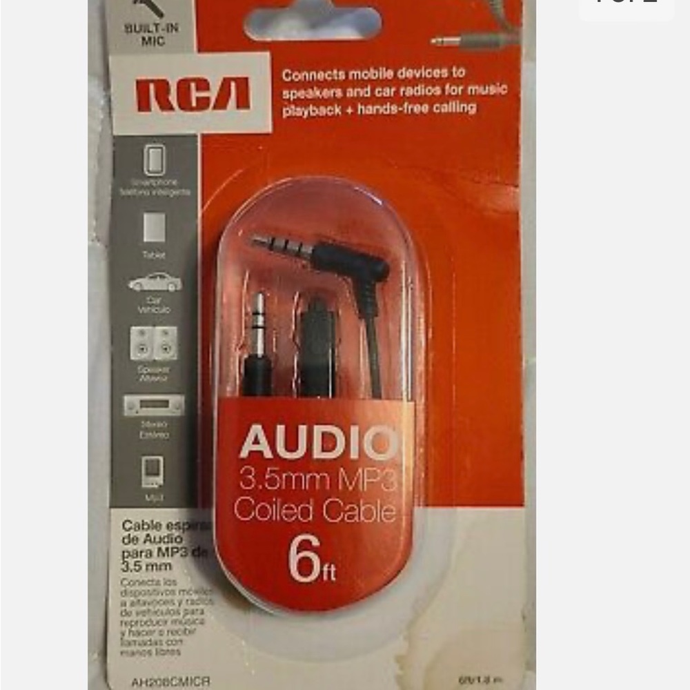 RCA Audio 3.5 mm MP3,MP4 Coiled Cable 6 ft/1.8 m W/Built In Mic AH208CMICR New